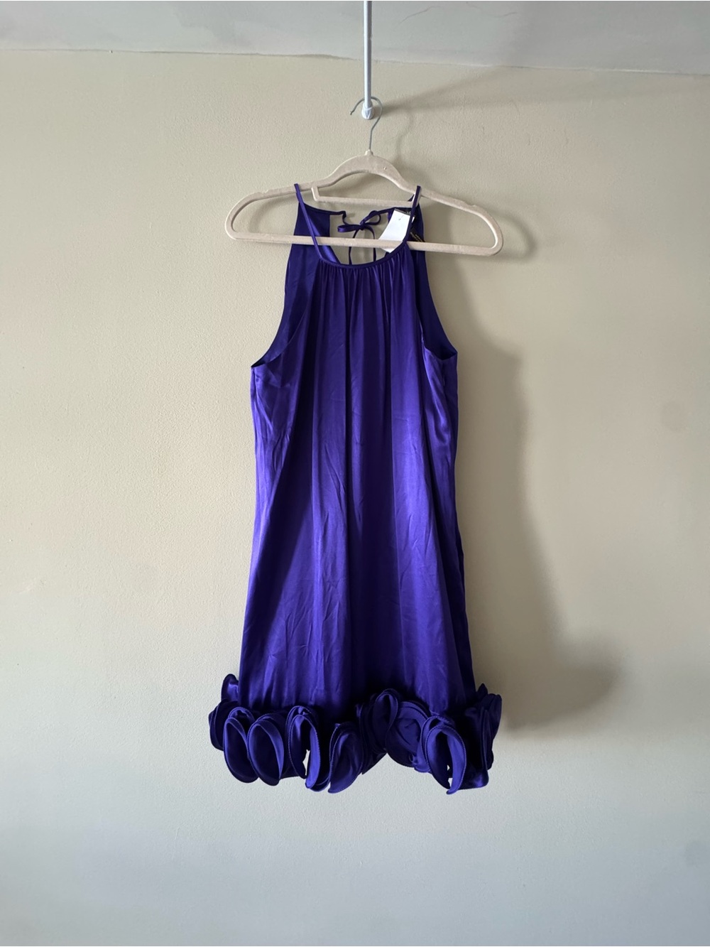 Laundry By Shelli Segal Purple Halter Mini Dress with Rosette Hem 100% Silk